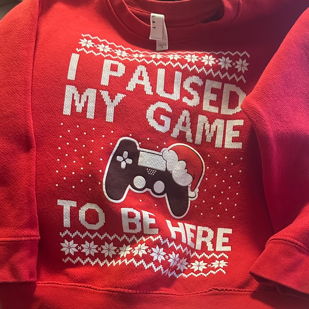 Kids Red 'I Paused My Game To Be Here' Holiday Sweater youth small